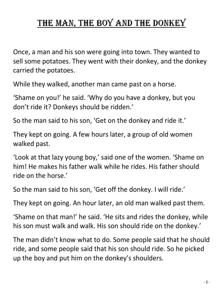 Printable resource for enhancing reading skills through a classic Aesop fable Worksheet featuring "The Man, the Boy, and the Donkey" for third-grade students focusing on fractions