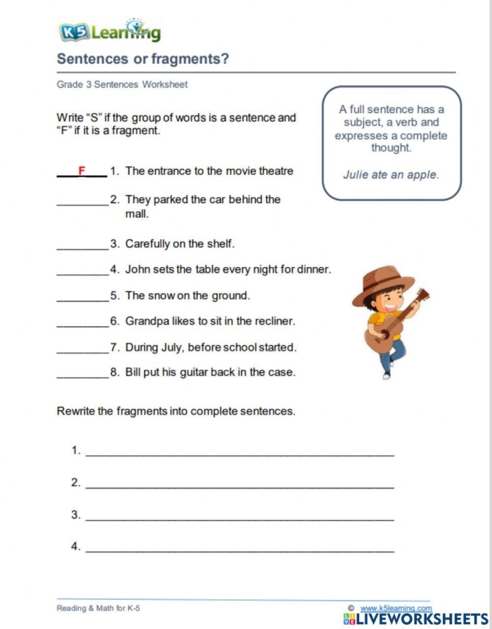 Subtraction practice with Fix the Fragments worksheet for third graders Third grade subtraction worksheet focusing on fixing sentence fragments
