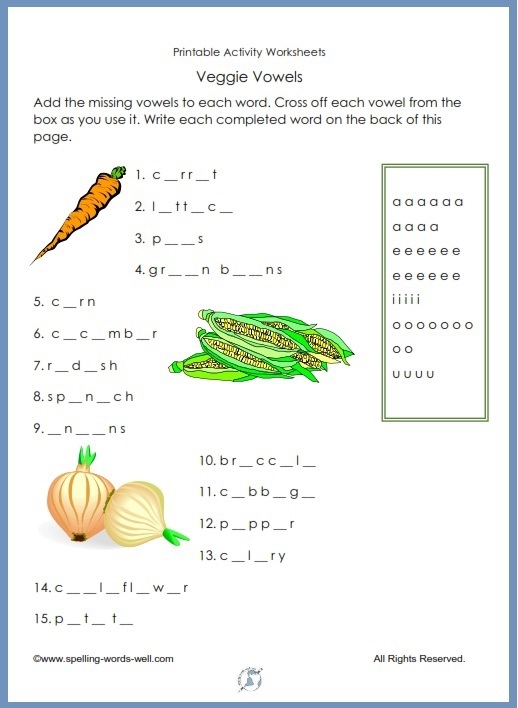 Worksheet for practicing spelling with garden fruits and veggies, image seven Third grade spelling worksheet featuring fruits and vegetables for division practice