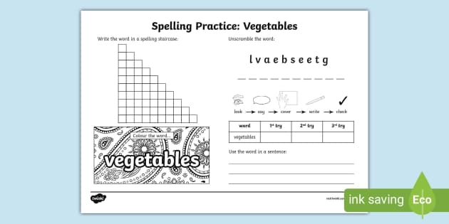Spelling Practice worksheet with garden-themed fruits and vegetables for third graders Third grade spelling worksheet featuring fruits and vegetables for division practice