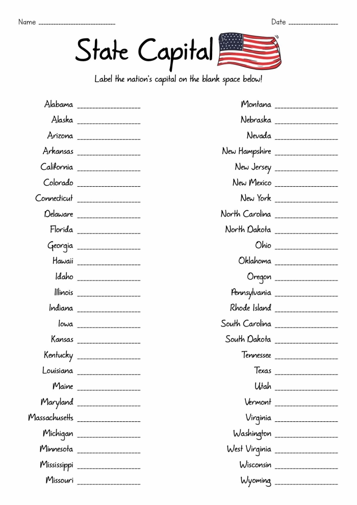 Third grade geography worksheet showing a blank U.S. map with state outlines where students match state names like New York, Illinois, and South Carolina to their correct locations