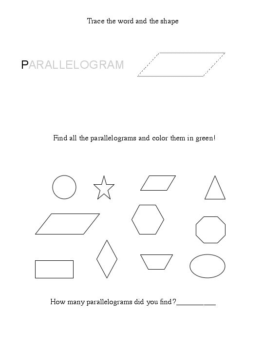 Third grade activity page for finding and coloring parallelograms to reveal a secret word Third grade geometry worksheet showing various shapes to identify parallelograms and color them