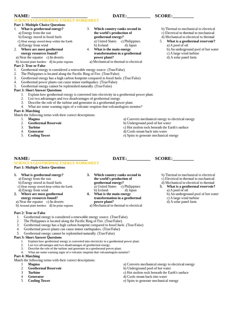 Third grade Chinese worksheet exploring geothermal energy and renewable resources