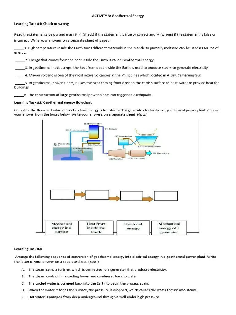 Third grade Chinese worksheet explaining geothermal energy and its uses