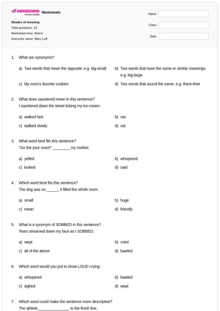 Third grade student working on Shades of Meaning Which Word worksheet focusing on grammar skills