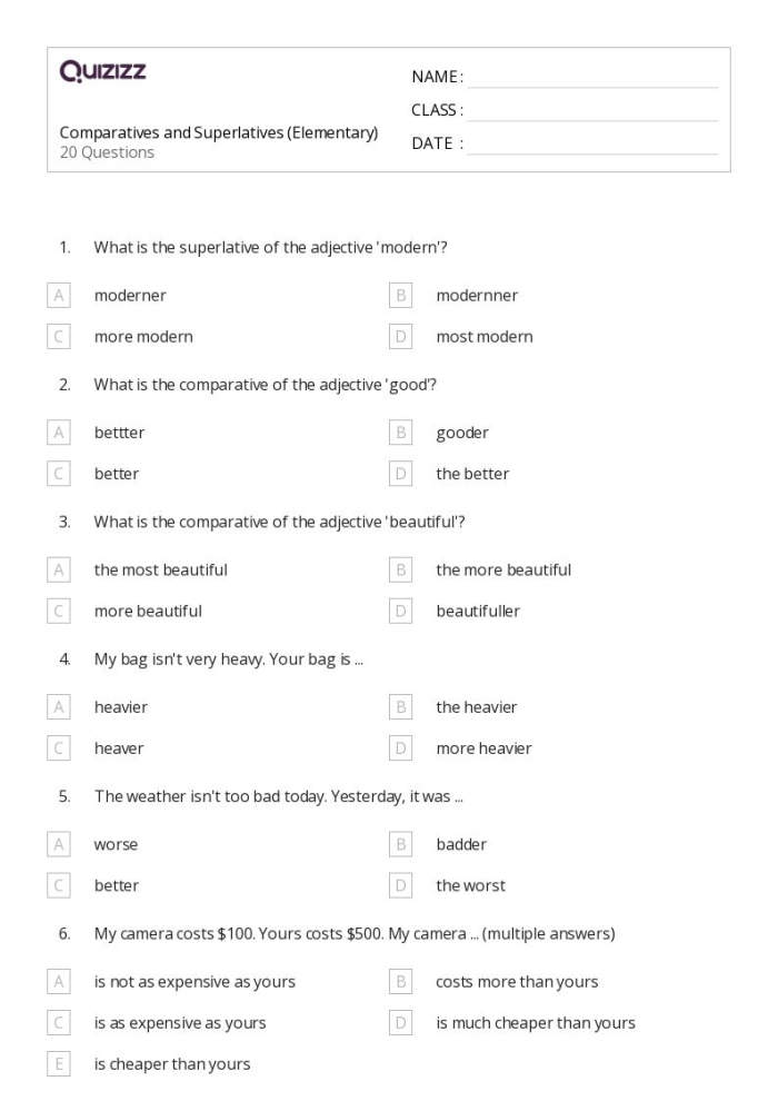 Worksheet image showcasing comparative and superlative adjective practice for students Third grade grammar worksheet focusing on comparatives and superlatives with engaging exercises