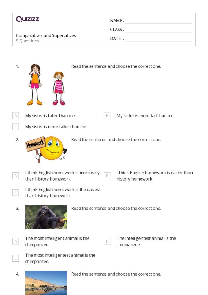 Worksheet for practicing comparatives and superlatives in third grade grammar Students engaged in a grammar worksheet focusing on comparatives and superlatives
