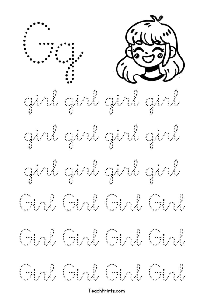 Third grade cursive G worksheet for practicing neat handwriting