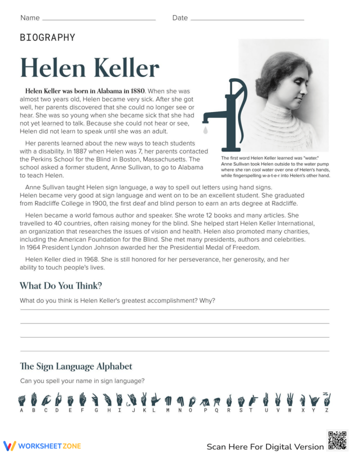 Worksheet featuring a biography of Helen Keller for third graders