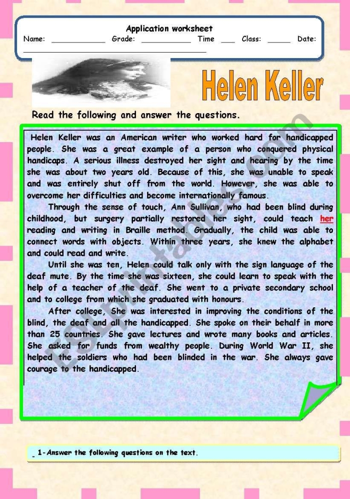 Helen Keller Biography worksheet for third graders, featuring a reading passage and reflective prompt