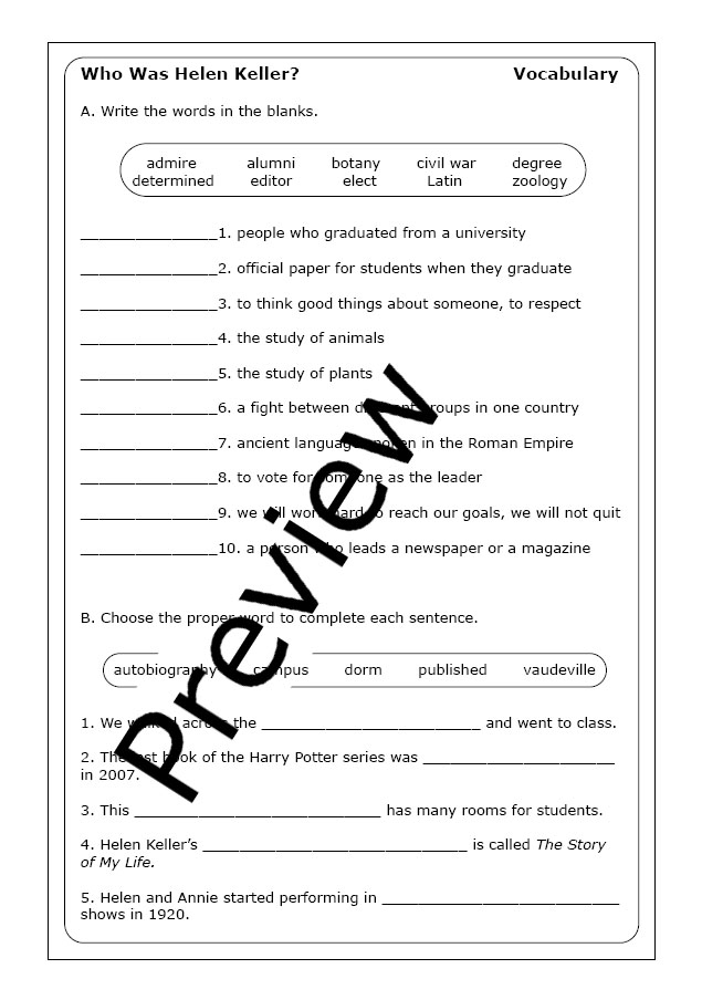 Third grade worksheet on important supporting details featuring Helen Keller