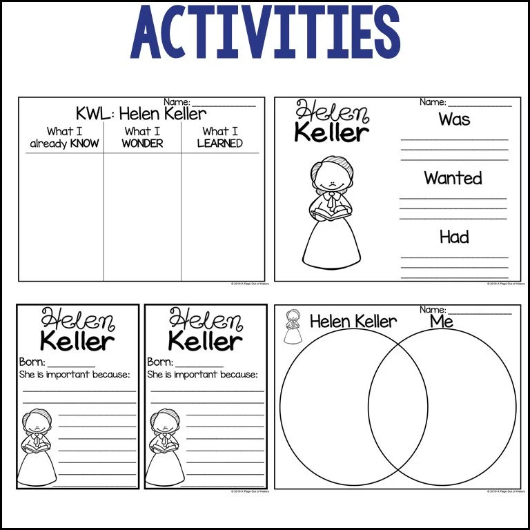 Worksheet featuring a biography of Helen Keller for third-grade students