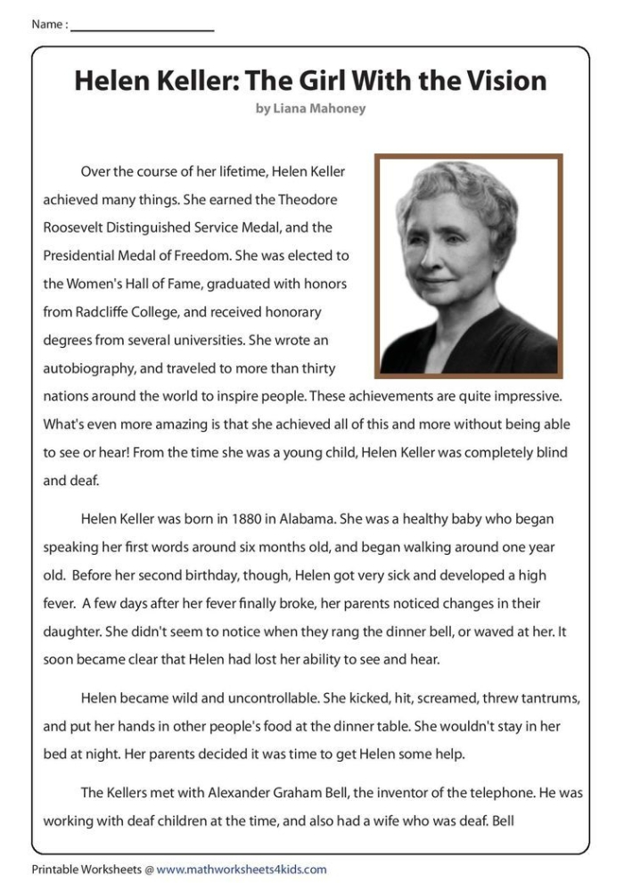 Worksheet featuring a biography of Helen Keller for third-grade students