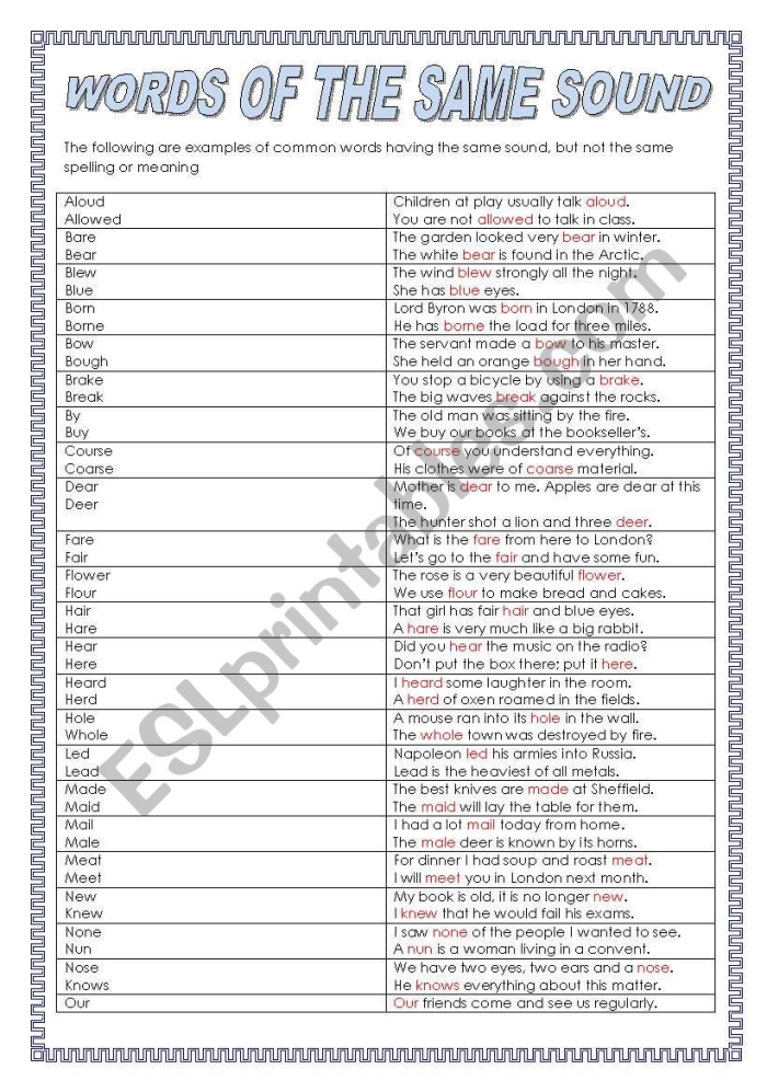 Worksheet featuring examples of homophones for third graders