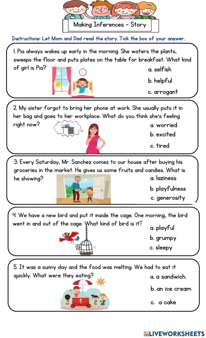 Worksheet for third graders on making inferences about characters using text clues