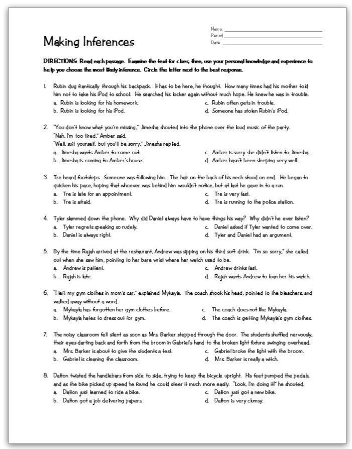 Worksheet for making inferences about characters using text clues and background knowledge