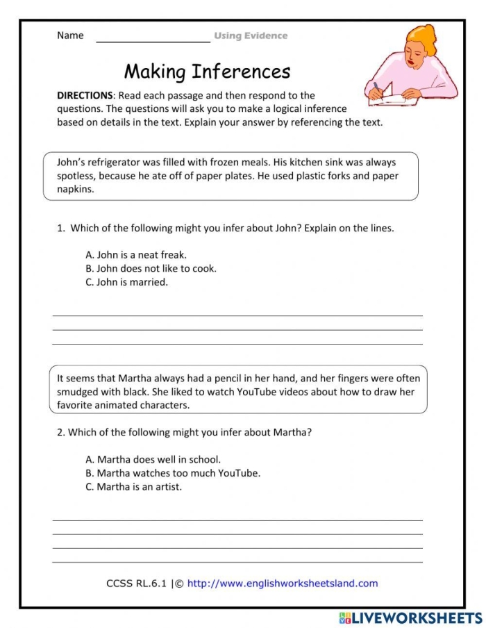 Worksheet for making inferences about characters using clues and background knowledge