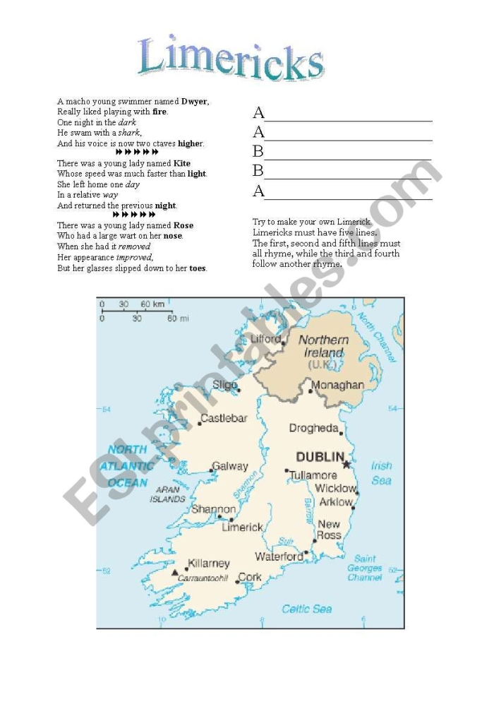 Limerick writing exercise for third graders on Worksheet 4 Third Grade student completing a Write Your Own Limerick worksheet filled with funny rhymes