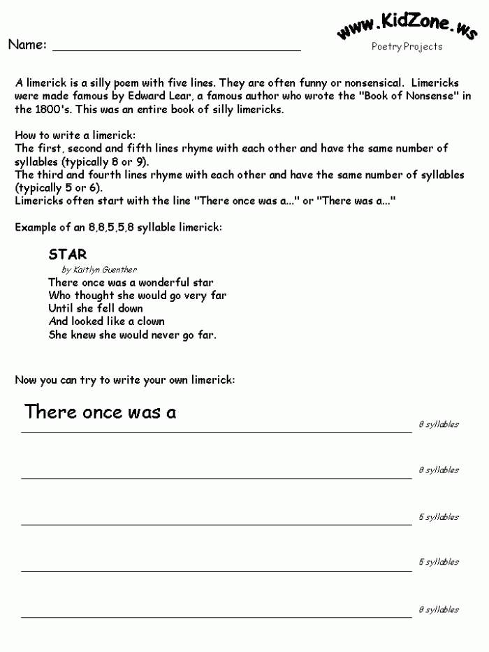 Fun and engaging limerick writing activity for kids on worksheet number 3 Third Grade student writing a limerick on a Write Your Own Limerick worksheet