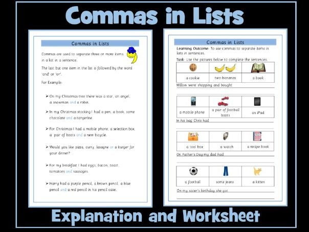 Worksheet for practicing comma usage in lists for third graders