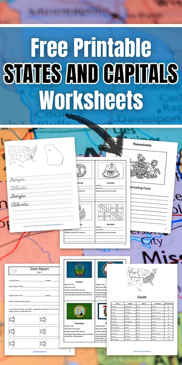 Third grade geography worksheet showing a blank U.S. map with state outlines where students match state names like New York, Illinois, and South Carolina to their correct locations