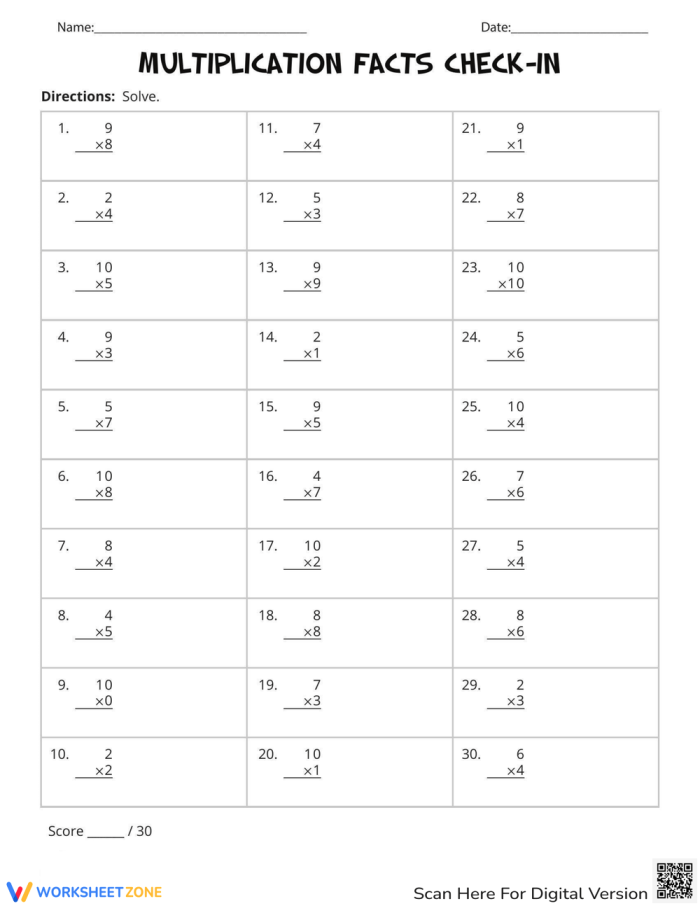 Multiplication Facts Check-In exercise for third graders in geometry subject, image 19 Third Grade Geometry multiplication facts check-in worksheet focusing on factors up to 10