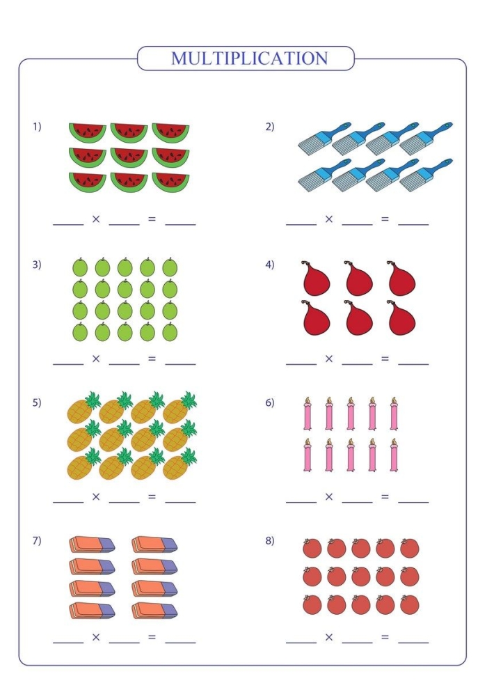 Playful multiplication practice worksheet for third graders in phonics category Third grade phonics worksheet featuring simple multiplication with fun illustrations