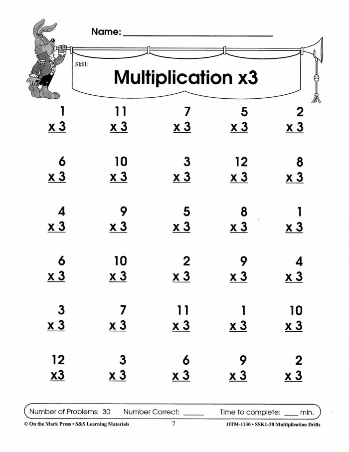 Third grade times tables worksheet focusing on multiplying by six