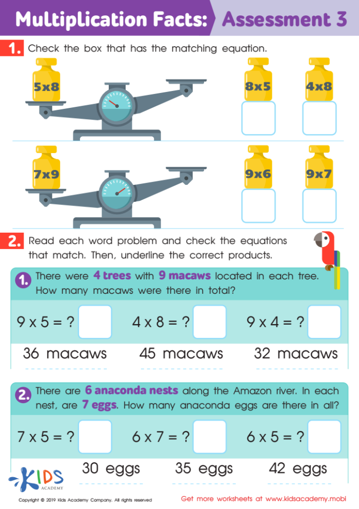 Multiplication facts fluency assessment worksheet for third graders in geometry section Third grade geometry worksheet featuring multiplication facts check-in for factors up to 10