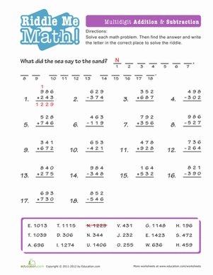 Engage your brain with math and word challenges in this Solve the Equation worksheet for kids Third Grade addition worksheet combining math riddles and spelling puzzles to solve a fun equation
