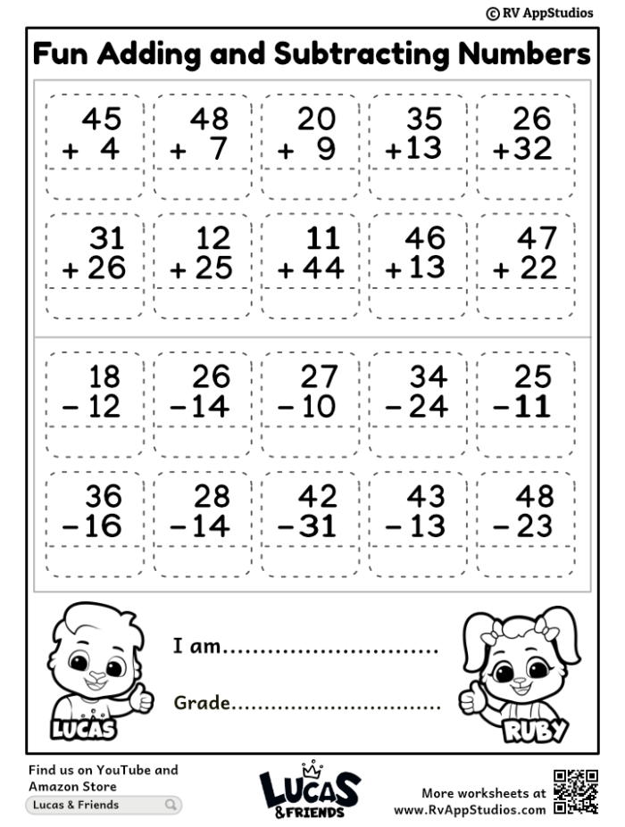 Math worksheet featuring addition and subtraction riddles for third graders
