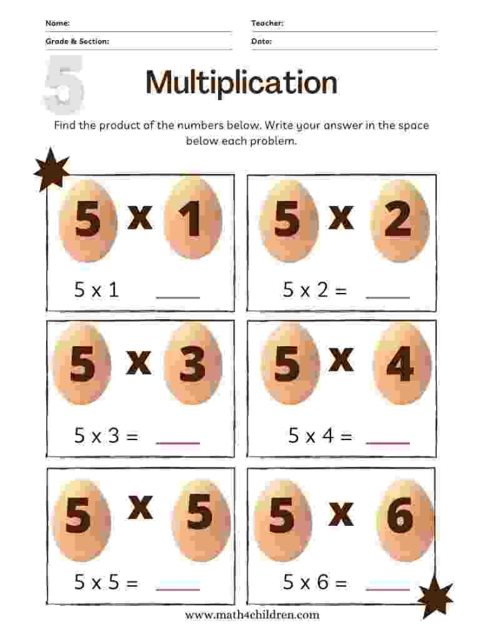Multiply by 5 practice sheet for third graders, image 19 Third grade multiplication worksheet focused on multiplying by 5