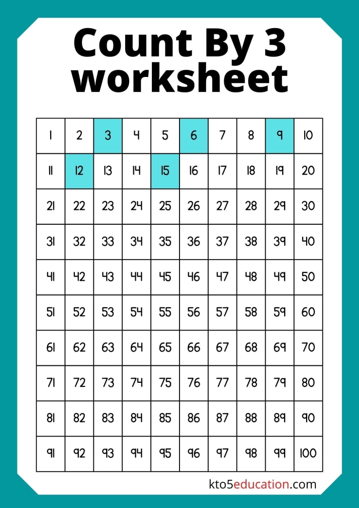 Skip counting by threes exercise for third graders in Earth and Space Science category, image 12 Third grade student completing a count by threes worksheet focused on math skills
