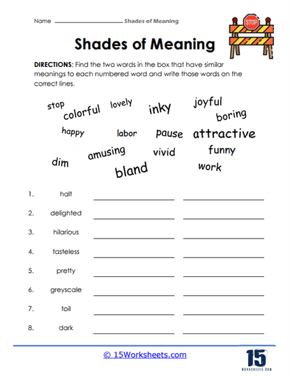 Third-grade worksheet focusing on shades of meaning in similar words for grammar practice