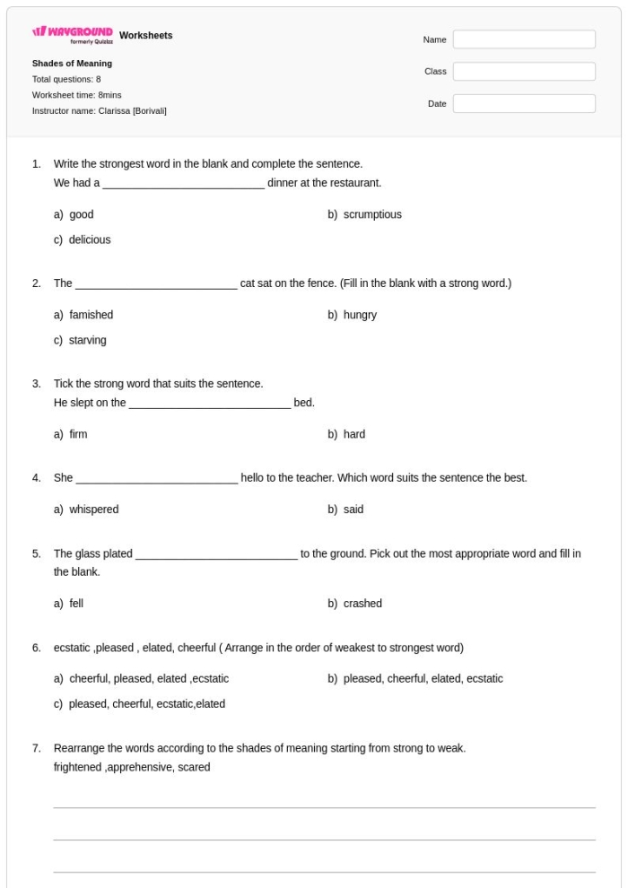 Third Grade grammar worksheet on shades of meaning with related words