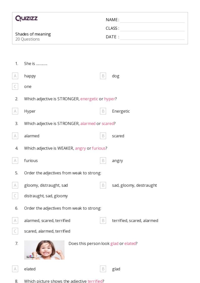 Third grade grammar worksheet focusing on shades of meaning in similar words