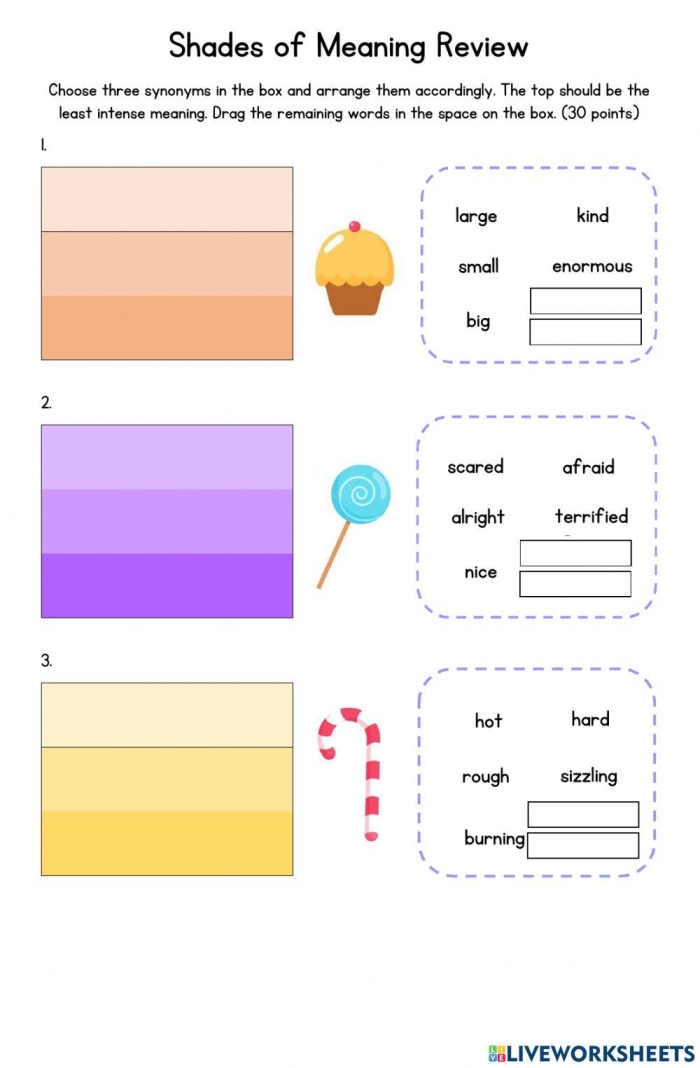 Third grade grammar worksheet on shades of meaning with related words