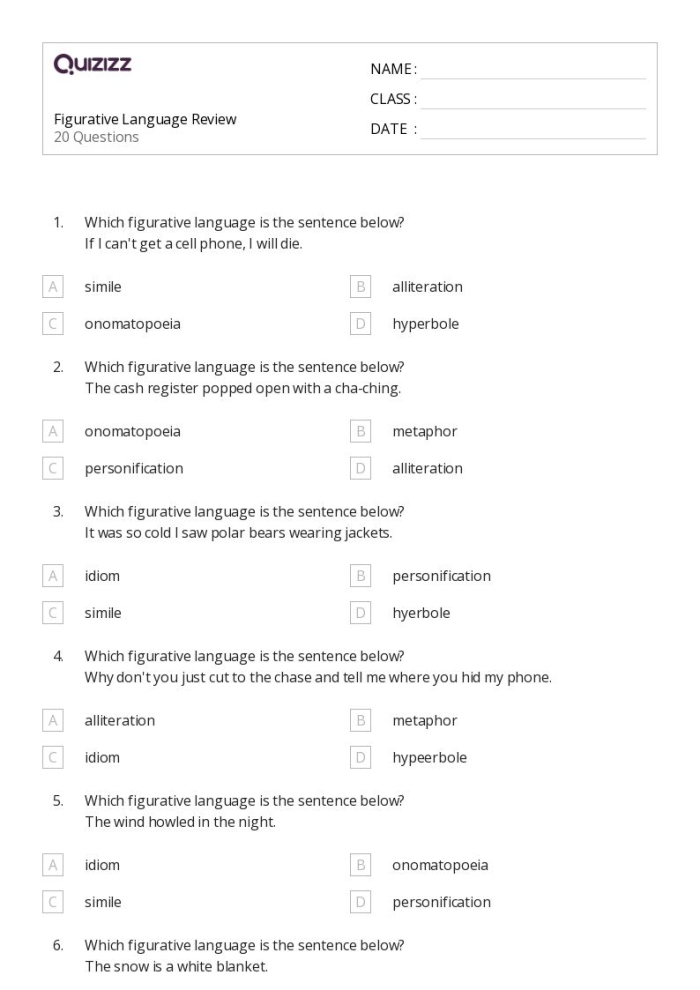 Figurative Language Practice for Third Graders Worksheet 5 Third Grade worksheet focused on understanding metaphors in reading