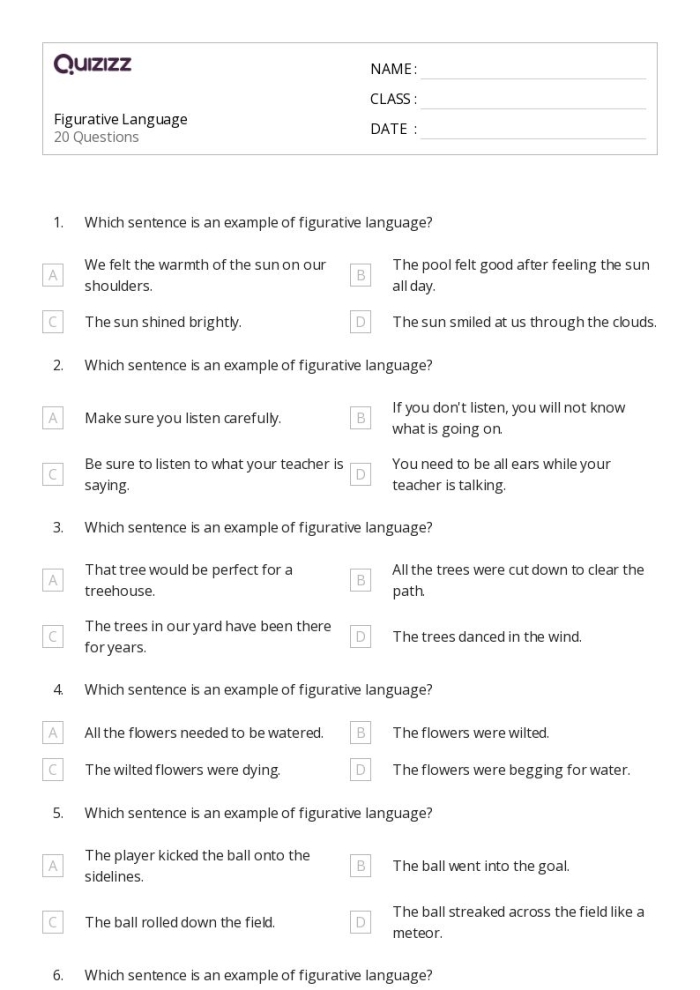 Figurative Language practice exercise image number 4 Third Grade worksheet for understanding metaphors in reading