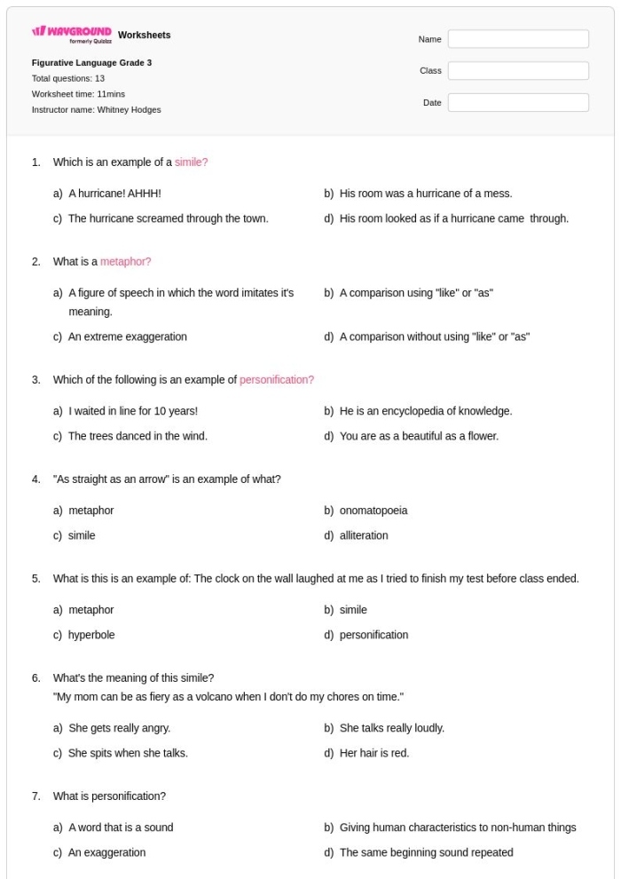 Making Sense of Figurative Language 3 worksheet for reading skills development Third grade student completing a worksheet on understanding metaphors in figurative language