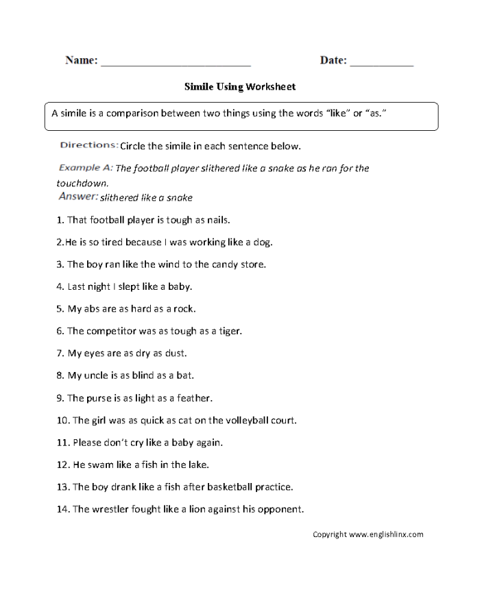 Figurative Language Practice Worksheet 22 for Third Grade Reading Skills Third Grade worksheet focused on understanding metaphors in figurative language