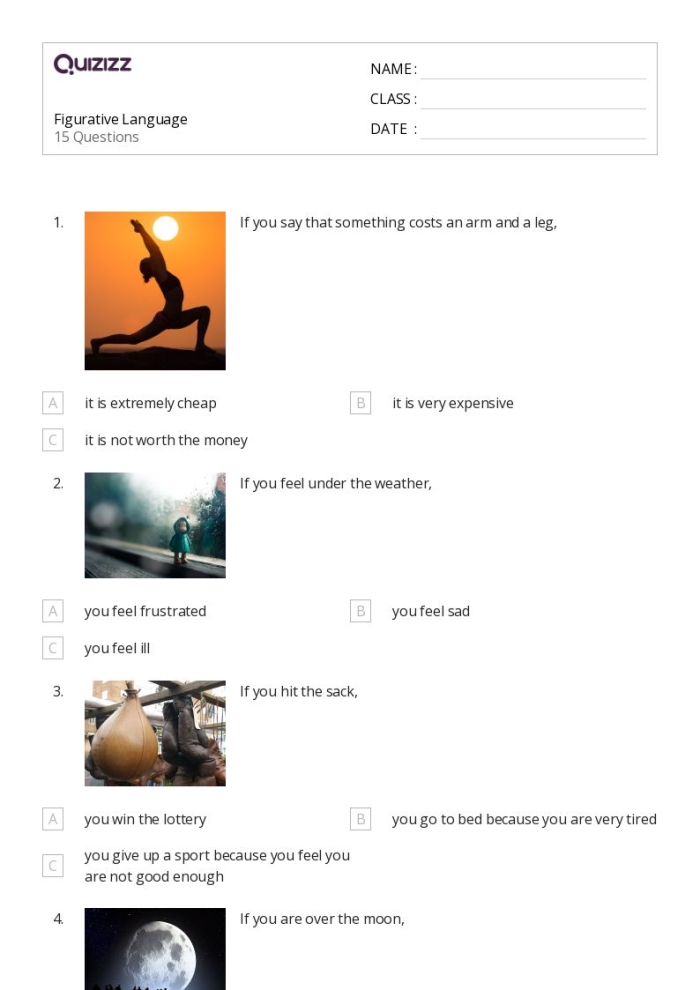 Figurative Language exercise for third graders focusing on metaphors, image 10 Third Grade students practicing metaphor meanings in a Making Sense of Figurative Language 3 worksheet