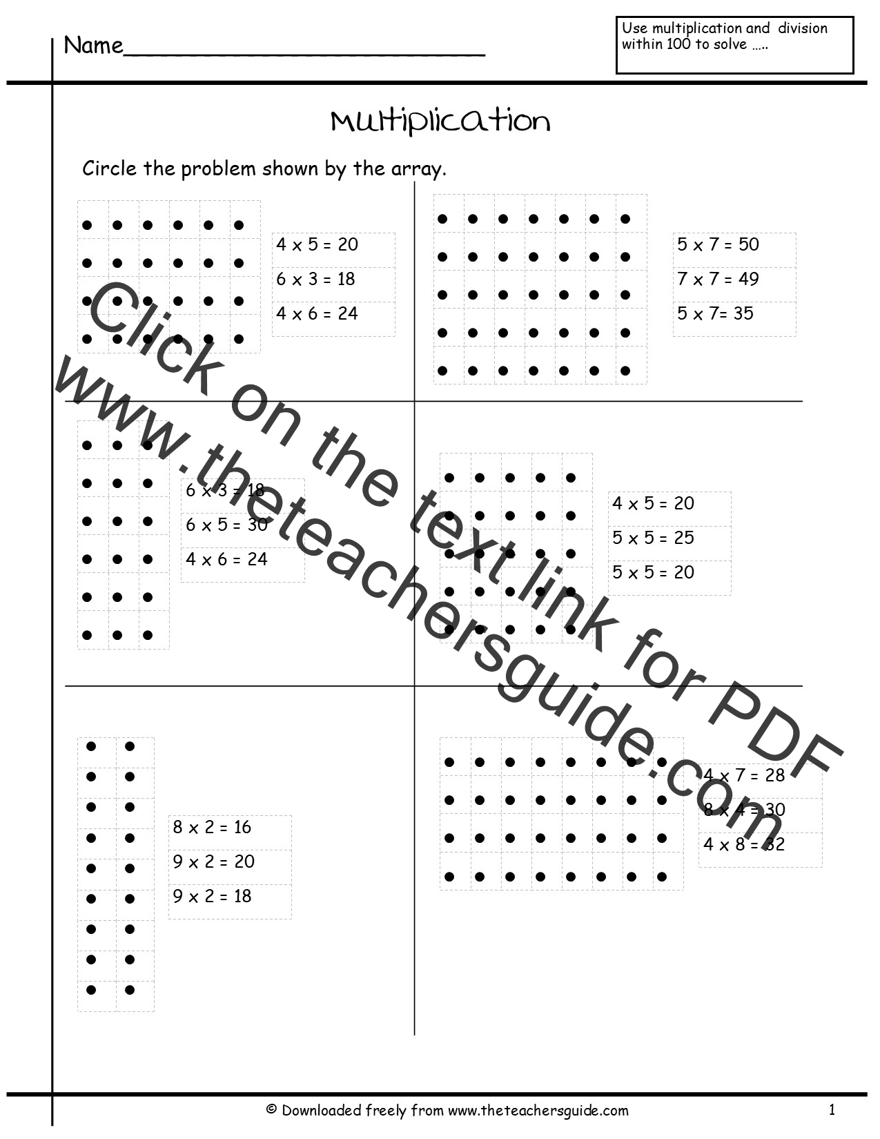 Array Multiplication Part One exercise for third graders with multiplication sentences and array diagrams Third Grade worksheet showing arrays with rows and columns to practice multiplication sentences