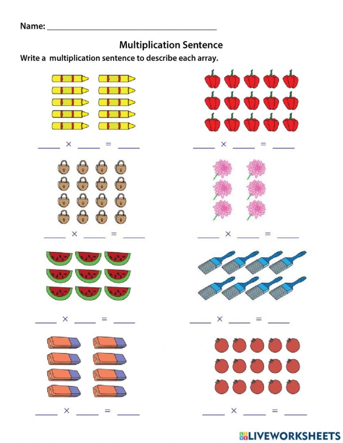 Array Multiplication Part One worksheet with multiplication sentences for third graders Third Grade worksheet showing arrays to count rows and columns for multiplication