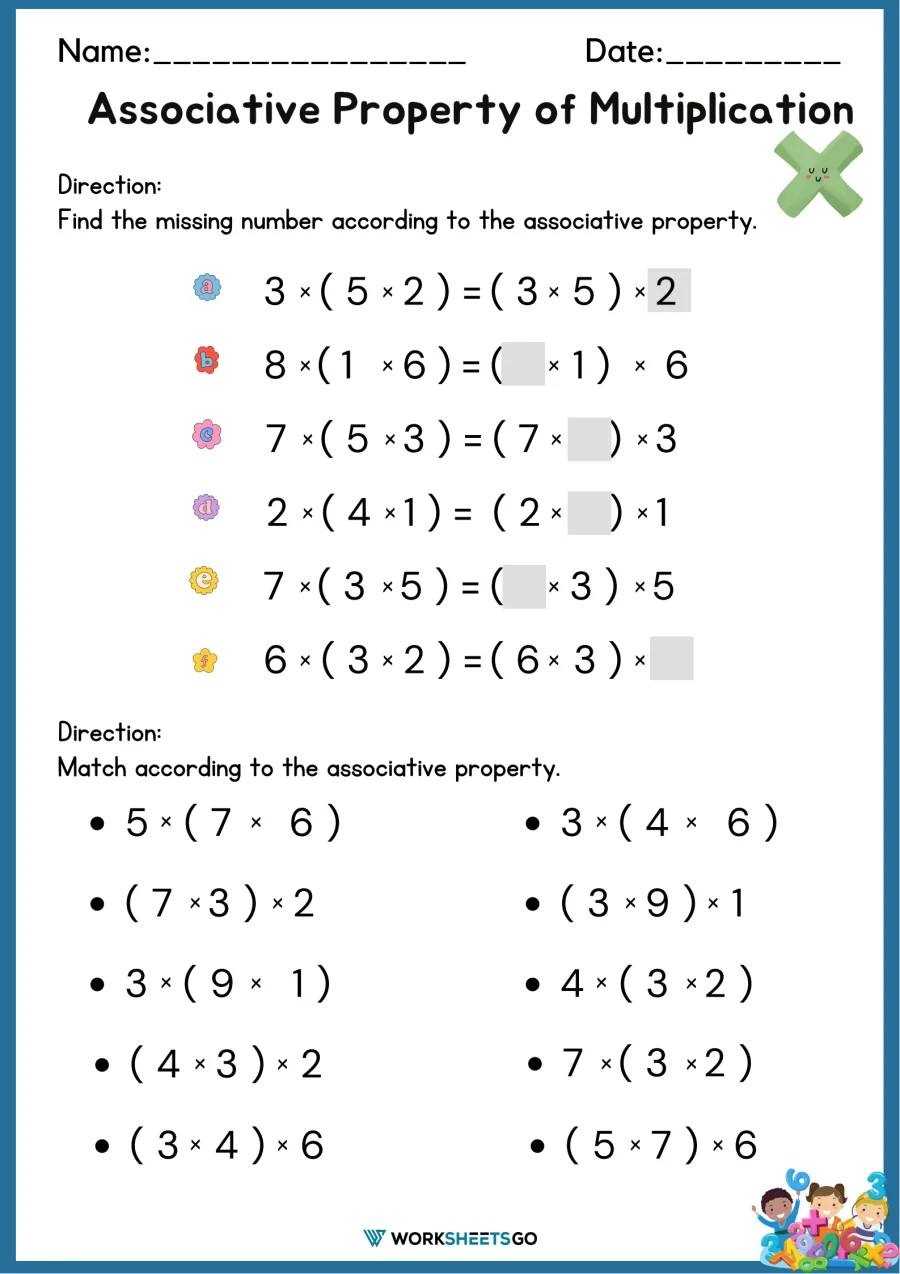 Students working on a multiplication worksheet focused on the associative property