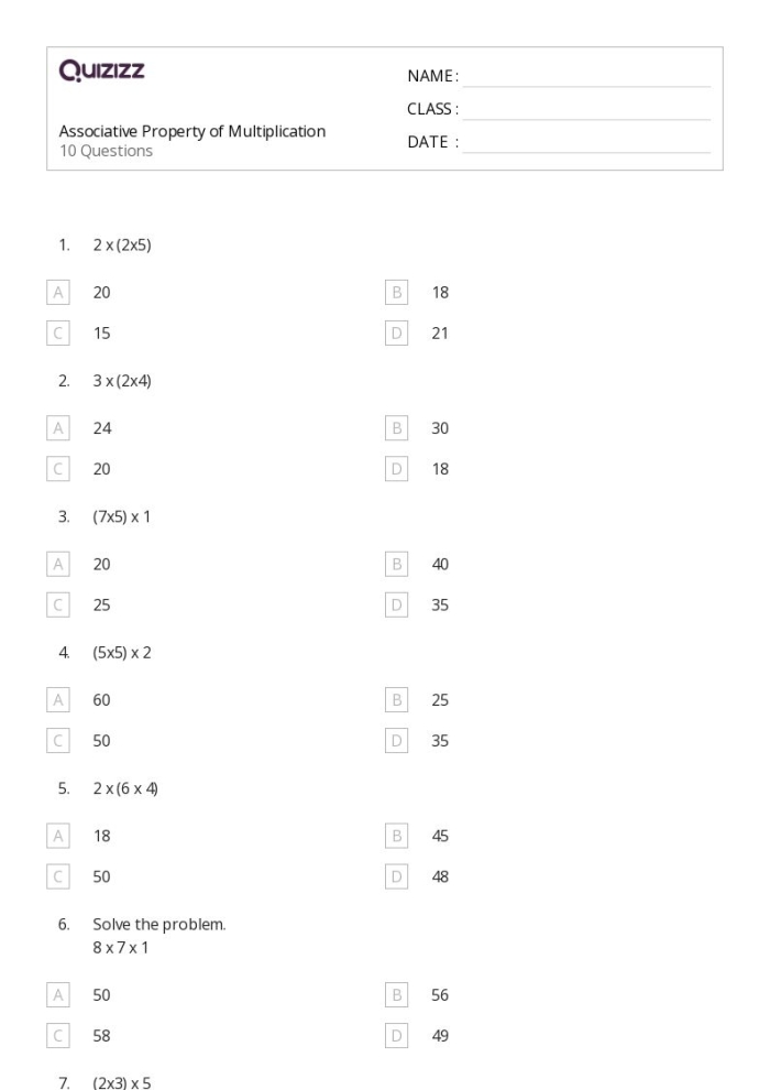 Worksheet for third graders on multiplication using the associative property