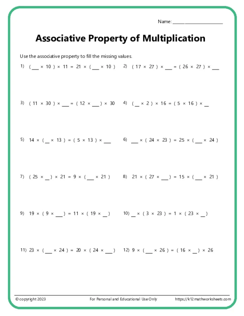 Worksheet featuring multiplication exercises focused on the associative property for third graders. Multiplication and the Associative Property Practice Worksheet - Image 23