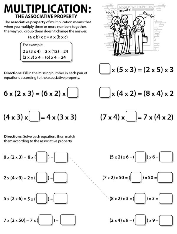 Worksheet demonstrating the associative property of multiplication for third graders