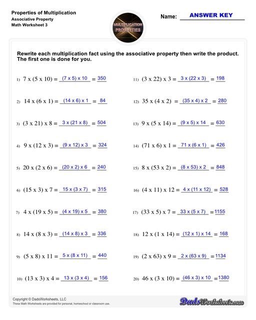 Worksheet illustrating the associative property of multiplication for third graders