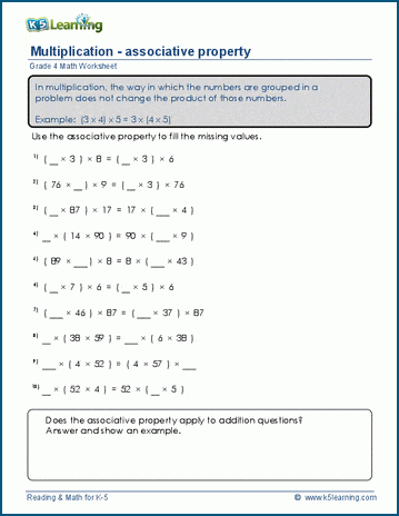 Worksheet focusing on the associative property of multiplication for third graders